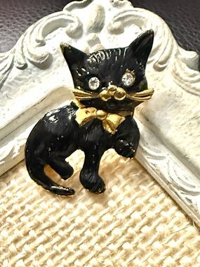 Unbearably Cute Vintage 1960s Black Cat Kitten  with Clear Rhinestone Eyes